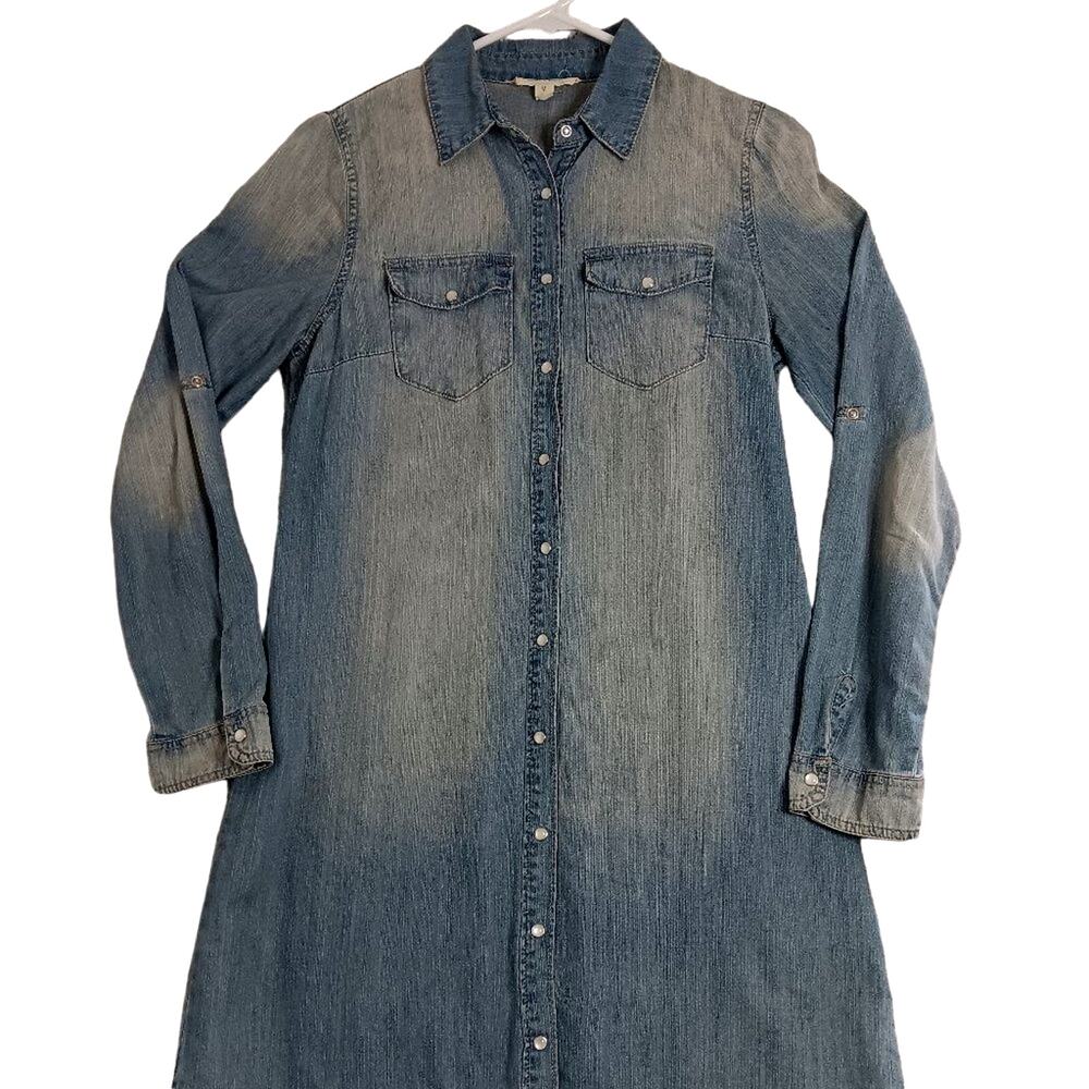 Buddy Basics Vintage Western Denim‎ Dress M Blue Fade Pearl Snap Cowgirl Boho
